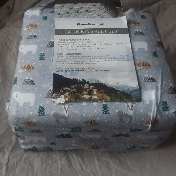 Flannel Portugal Cal. King Grey Background with Animal & Plant Print Sheet Set - Picture 7 of 7